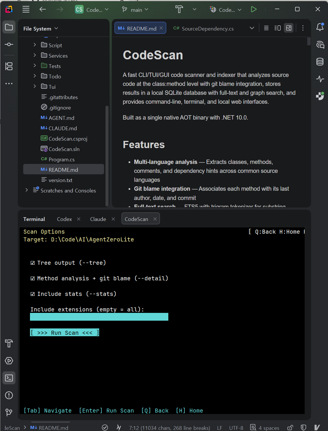 CodeScan TUI home — Terminal.Gui v2 project browser
